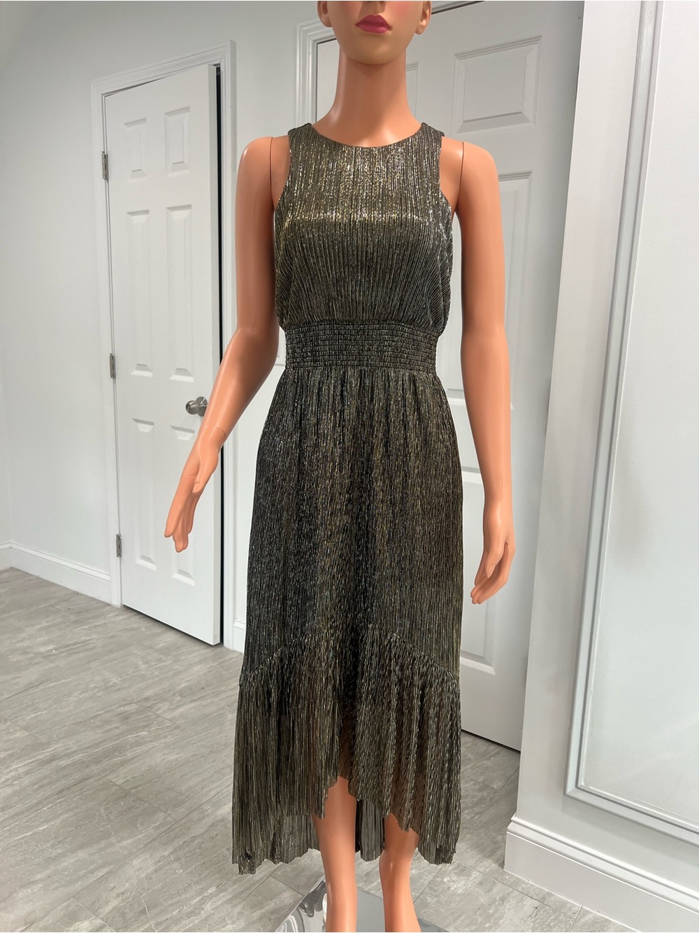 Banana Republic Metallic Gold Shimmer Plisse Midi Dress Petite 00